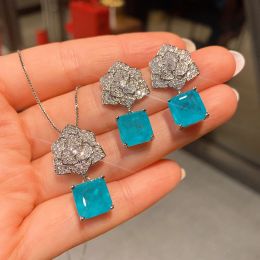 Necklaces Square 10*10mm Paraiba Gemstone Pendant Necklace Rose Flower Earrings Vintage Women's Jewelry Korean Style Reunion Party Gift