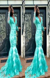 2017 Cheap Mermaid Prom Dresses V Neck Long Sleeves Appliques Lace Satin Custom Made Mint Green Plus Size African Evening Gowns5768345