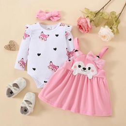 Clothing Sets Hibobi 2-piece Baby Girl Printed Long Sleeve Romper & Solid Colour Style Bowknot Decor Strap Dress