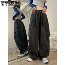 Women's Jeans Women Vintage Baggy Elastic Waist Oversized American Trousers Denim Wide Leg Streetwear Straight Basic Pants Y2k Spring