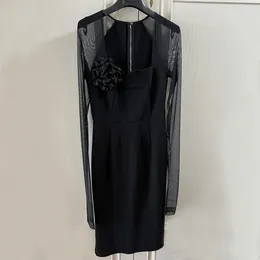 Casual Dresses Women'S Dress High Quality Black Flower Mesh Sleeve Square Collar Holiday Party Women Fashion Show Mid Length Autumn 2024