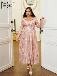 Plus Size Dresses Missord Elegant Rose Gold Sequin Party Women Long Sleeve V Neck Loose A-line Midi Prom Dress Cocktail Gown