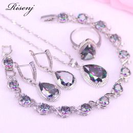 Strands Big Water Drop Magic Rainbow Silver 925 Costume Jewellery Set For Women Earrings Ring Necklace Bracelet Bridal Jewellery T10