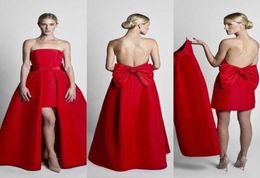 Charming Red Strapless Jumpsuit Prom Dresses High Low Backless Detachable Overskirt Evening Gowns Plain 2019 Holiday Retro Party D1142951