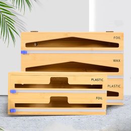 Organization Bamboo Cling Film Cutting Box Foil And Plastic Wrap Organizer With Cutter Dispenser Kitchen Organization And Storage
