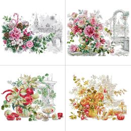 Cross-Stitch Christmas Celebration Bouquet Flower Series Cross Stitch Kits 14 16 11CT Counted Canvas Printed Fabric Embroidery DIY Home Decor