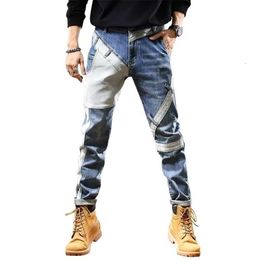 Spring and Summer High End Retro Motorcycle Jeans for Men's Trendy Splicing Fashion Straight Fit Men's Long Pants for Men