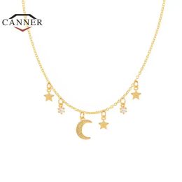 Necklaces CANNER Genuine 925 Sterling Silver Small Star Moon Pendant Choker Chain Necklace for Women Cubic Zirconia Necklaces Jewellery Gift