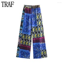 Women's Pants Print Wide Leg For Women High Waist Baggy Woman Summer Pleated Beach Streetwear Casual Trousers