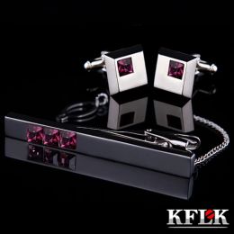 Links KFLK Cuff links necktie clip for tie High Quality tie pin for men Purple Crystal tie bars cufflinks tie clip set guests