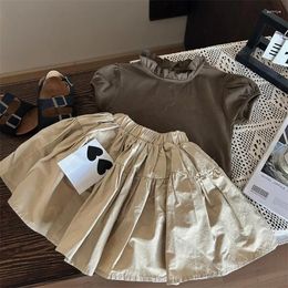 Clothing Sets 2024 Korean Summer Children Girl 2PCS Clothes Set Bubble Short Sleeve Undershirt Solid Versatile Pleated Skirt Baby Outfits