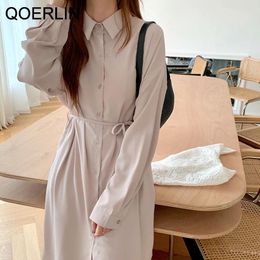 Party Dresses QOERLIN Korean Chic Back Pleated Dress Sashes Loose Casual Long Sleeved Shirt Female Turn-Down Lace-Up Maxi Women