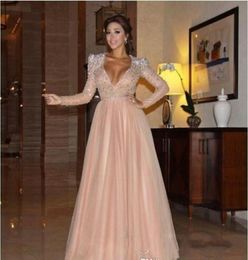 2016 Myriam Fares Champagne Pink Luxury Prom Dresses A Line SHeer tulle V neck Bling Beaded Crystal Long Sleeve Evening Gowns1905550