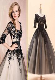 2021 Champagne Black Lace Appliques Short Evening Dress 34 Sleeves Tea Length Bridal Gown Black Formal Gown Prom Dresses3261272