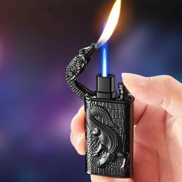 Lighters Creative Embossed Shenlong Double Fire Gas Lighter Metal Flame Spray Tool Cigarette Lighter Trendy and Fashionable Men T240422