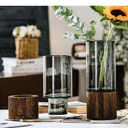 Vases Minimalist Glass Vase Wood Base Hydroponic Flower Pots Desk Decoration Artificial Floral Arrangement Decorative