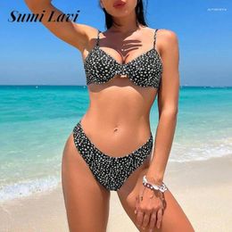 Women's Swimwear 2024 Dot Print Underwire Push Up Sexy Bikini Fashion Sling Backless Small Bust Swimsuit Summer Triangle Split Beachwear