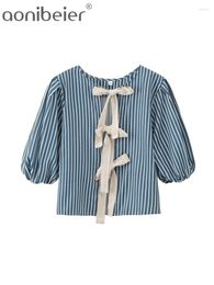 Women's Blouses Aonibeier Bow Lace-Up Women Striped Print Shirt 2024 Summer Puff Sleeve O Neck Hollow Out Casual Blouse Female Crop Top