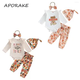 Clothing Sets 2024 0-12M Infant Girl Thanksgiving Clothes Letter Print Long Sleeve Romper Turkey Pattern Pants Hat Bow Headband Outfits 3pcs