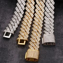 925 Silver Vermeil Iced Out Diamonds Moissanite Necklace 20mm 2 Rows Prong Cuban Chain Necklace Bracelet Hip Hop Jewelry for Men