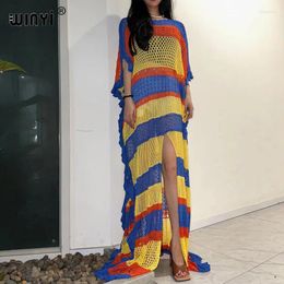 Stripe Print Summer Hollow Knit Sexy Tassels Dress Elegant Bikini Cover-up Women Beach Wear Swimsuit Cover Up