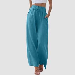 Frauenhose Capris Womens Leinen weit beinige Hosen modische hohe taillierte Kordelschnur Elastic Herren Taschen lässige und lockere bequeme, gerade Beinhosen Y240422