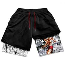 Men's Shorts Anime Gym Men Manga Print 2 In 1 Performance Fitness Quick Dry Compression Sports Short Pants Breathable Summer