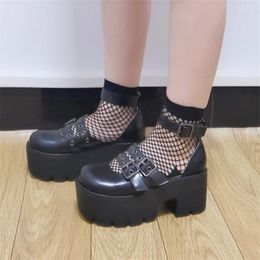 Dress Shoes 2024 Spring Women Pumps Mary Jane Platform Woman Black Leather Gothic Round Toe Ankle Buckle High Heels Harajuku Punk Shoe