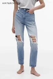 Women's Jeans European And American Clothing Straight Pants Spring Girl Perforated Hole Loose Comfortable Edition