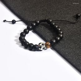 Strand Football Pendant Beads Bracelet For Men Frosting Black Tiger Eye Stone Braid Adjustable Handmade Jewelry Gift