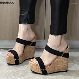 Sandals Ronticool Real Pos Women Summer Platform Wedges High Heels Round Toe Beautiful Black Dress Shoes US Plus Size 4-20