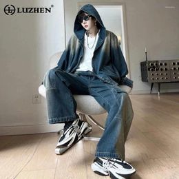 Men's Tracksuits LUZHEN Fashion Hooded Denim Jackets Multi Pocekts Jeans Street Casual Two-piece Sets Wide Leg Trousers Spring 2024 LZ1738