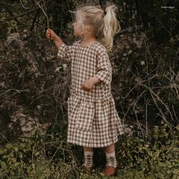 Girl Dresses Cotton Girls Vintage Khaki Plaid Dress Summer Kids Round Neck Mid-Sleeved Casual Loose Ruffled Pockets TZ404