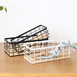 Baskets Black/White Wrought Iron Storage Basket Modern Style Rectangular Wall Mounted Wooden Base Organising Basket Metal Wire Home