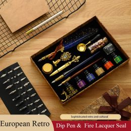 Pens Luxury Fountain Pen Set, Retro Sprinkling Feather Pens Calligraphy Writing Dip Kit with Wax Seal Stamp & Replace Nibs, Gift Box