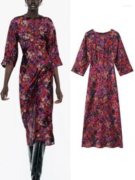 Casual Dresses Floral Print Midi For Women Clothing Elegant Raglan Sleeve Round Neck Party Prom Female Beach Dress 2024