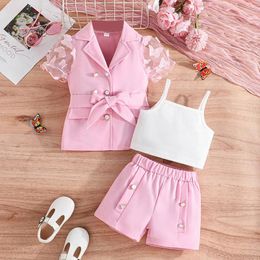 Clothing Sets Girls Summer Fashion Children Turn-down Collar Clothes Suits Girl Casual Outfits Kids Short Sleeves Blazer Tops Shorts 3Pcs