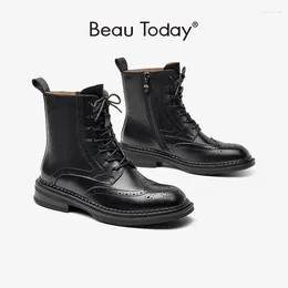 Boots Beau Today Casual Ankle For Women Genuine Calfskin Brogue Platform Slip-On Lace-Up Shoes Spring Autumn Handmade 03078