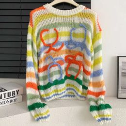 Womens Sweaters Long Sleev Vintage Sweater Woman Winter 2024 Crewneck Wool Rainbow Stripe Knit Pullover Design Clothing
