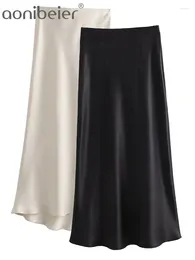 Skirts Aonibeier Elegant Casual Satin Women Maxi Skirt 2024 Spring Elastic High Waisted A-Line Female Long Y2K Black Beige