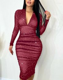 Casual Dresses 2024 Autumn Spring Fashion Sexy Plunge Sequin Sheer Mesh Long Sleeve Party Dress Elegant Evening Women