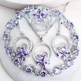 Strands Purple Zirconia Silver 925 Bridal Jewellery Sets For Women Costume Jewellery Bracelets Wedding Rings Earrings Pendants Necklace