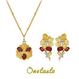 Necklaces 925 Sterling Silver Natural Stone Garnet Chic Luxury Jewelry Sets With Flower Pendant Necklace And Stud Earrings For Women Gift