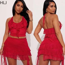Work Dresses HLJ Sexy Mesh Perspective Ruffle Mini Skirts Two Piece Sets Women Thin Strap Sleeveless Crop Top And Pleated Skirt Outfit