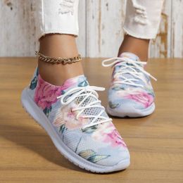 Casual Shoes Women's Fashion Non Slip Sneakers Women Floral Print On Breathable Large Size Lace-up Walking Flat Sneaker