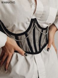 Belts Wannathis Belts for Women Lace Up Wide Belt Mesh Elegant Women Metal Chain Straps Female Stretchy Wide Belt Ladies Asymmetry