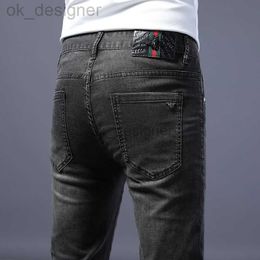 Men's Jeans designer Live streaming brand spring/summer jeans men's slim fit small leg pants trendy dark Grey Tencel elastic thin style