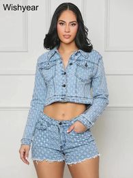 Women's Tracksuits Fashion Birthday Blue Ripped Hole Denim Two 2 Piece Set Women Long Sleeve Jacket Tops And Shorts Matching Club Outfit
