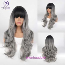 Högkvalitativ mode peruk hårstrån onlinebutik kemisk fiber lång lockigt hår kvinnor grå huvud täcke färgade peruker
