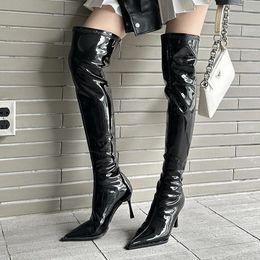 Boots Black White Brown Women Over The Knee High Heels Patent Leather Solid Pointed Toe Stiletto Side Zipper Sapatos Femininos